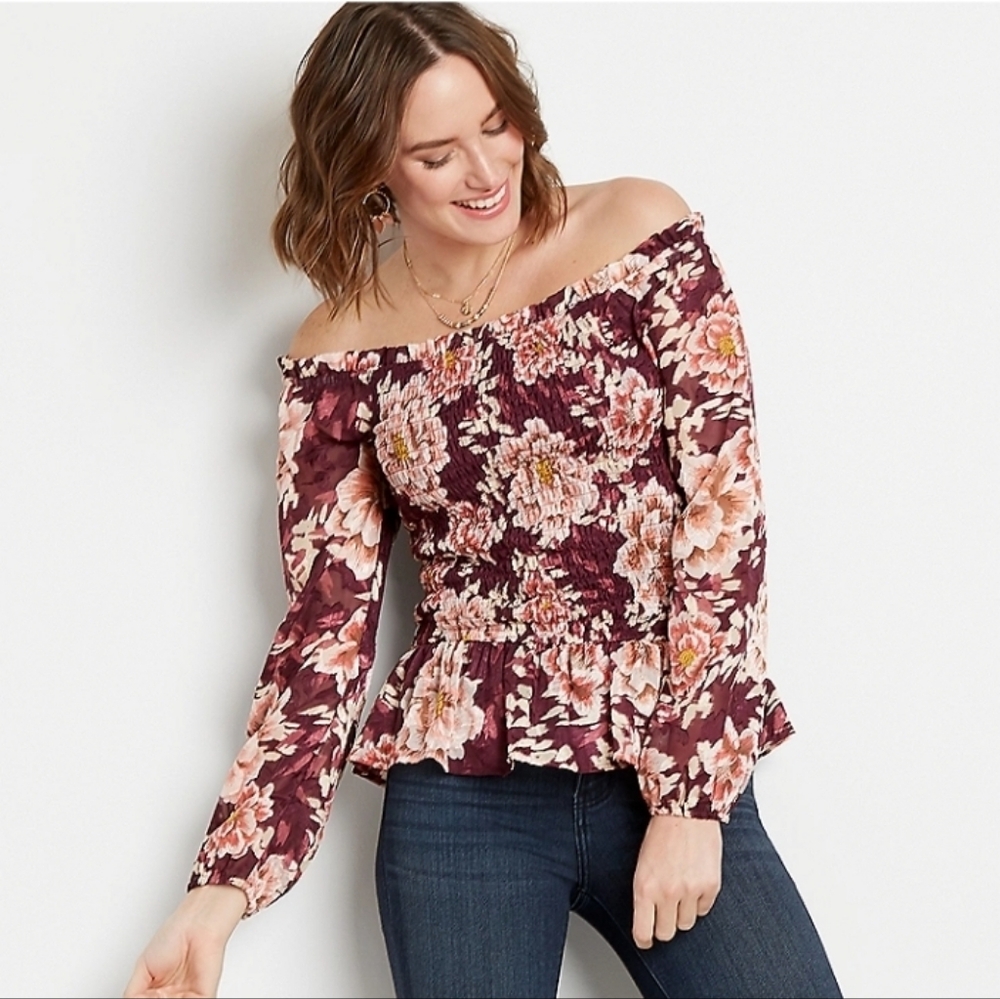 Chance & Destiny - Off-Shoulder Wine Floral Smocked Blouse